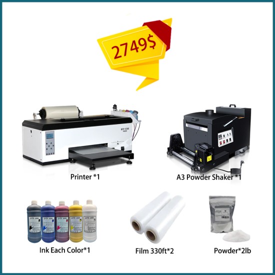 C30 A3+ DTF Printer Bundle 2 (includes printer*1, Powder Shaker*1, ink*5L, powder*2lb, film*660ft)