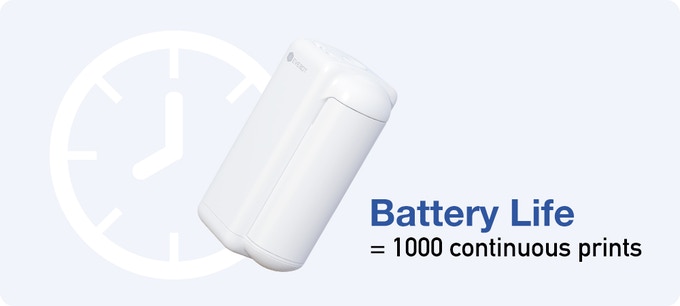 Rechargable battery life = 1000 continuous prints Rechargable battery life = 1000 continuous prints